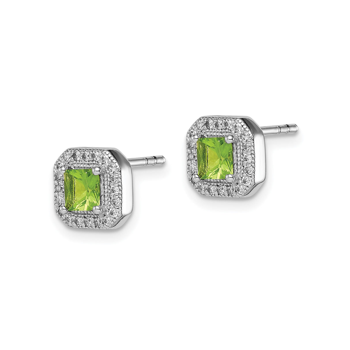 Sterling Silver Stud Earrings with Square Cut Green Peridot and Cubic Zirconia Halo