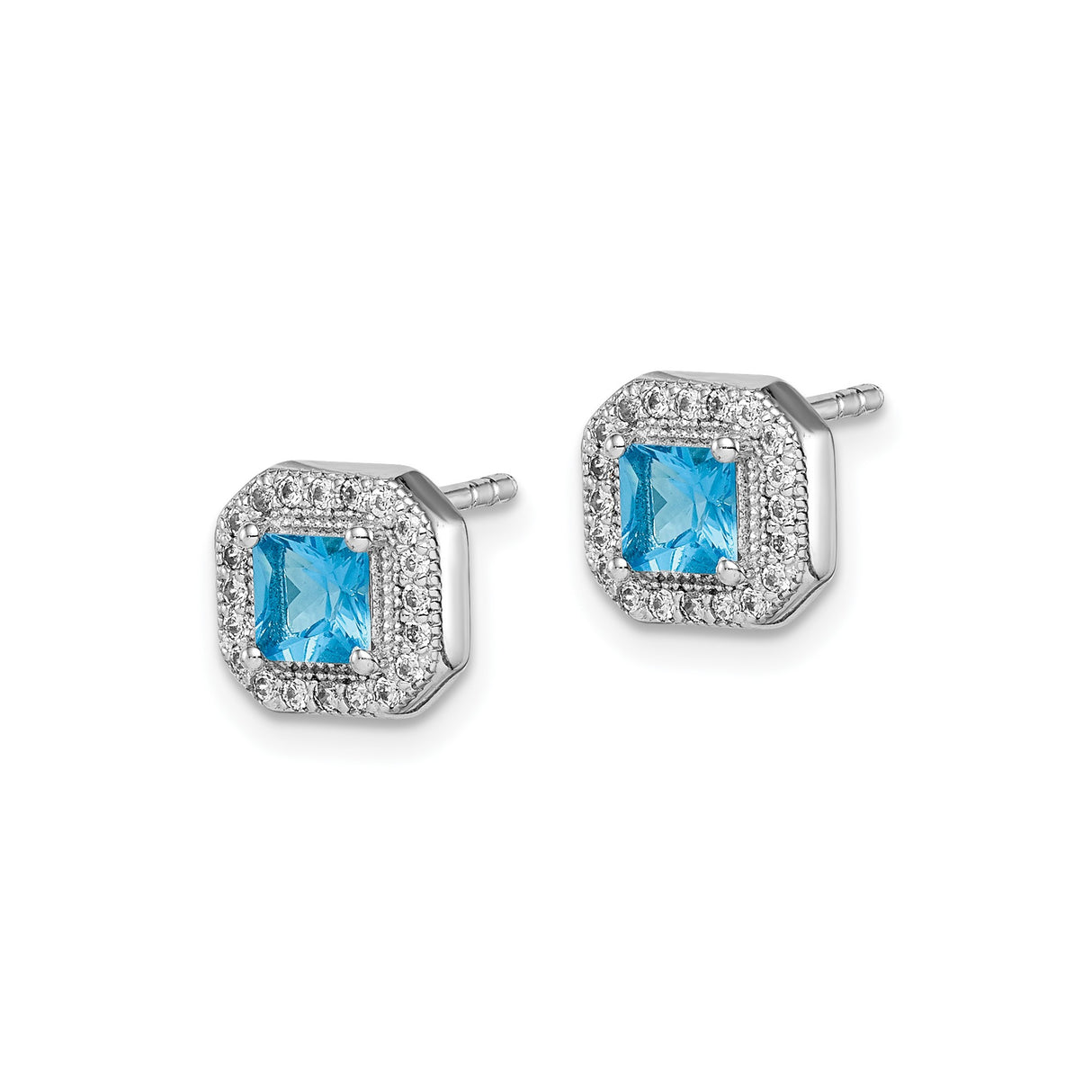 Sterling Silver Stud Earrings with Square Cut Blue Cubic Zirconia and Halo Design
