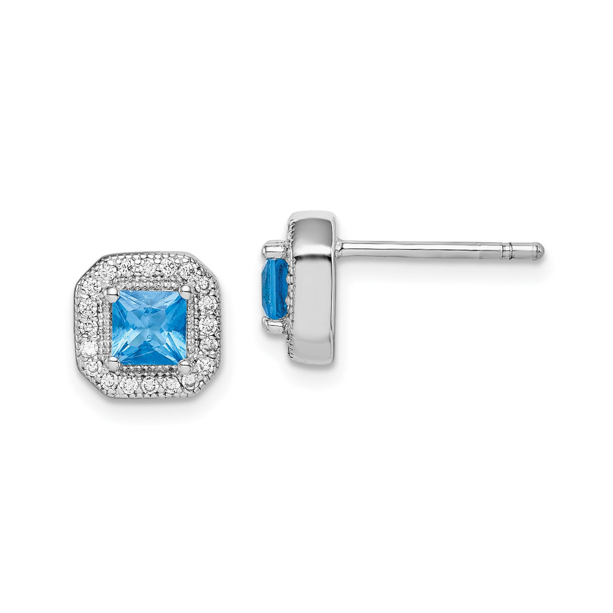 Sterling Silver Stud Earrings with Square Cut Blue Cubic Zirconia and Halo Design