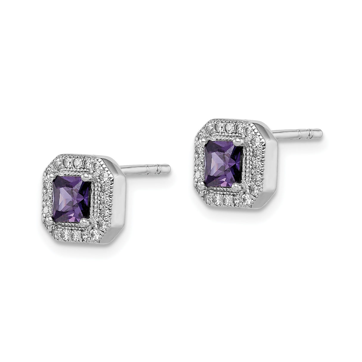 Sterling Silver Stud Earrings with Square Cut Amethyst and Cubic Zirconia Halo