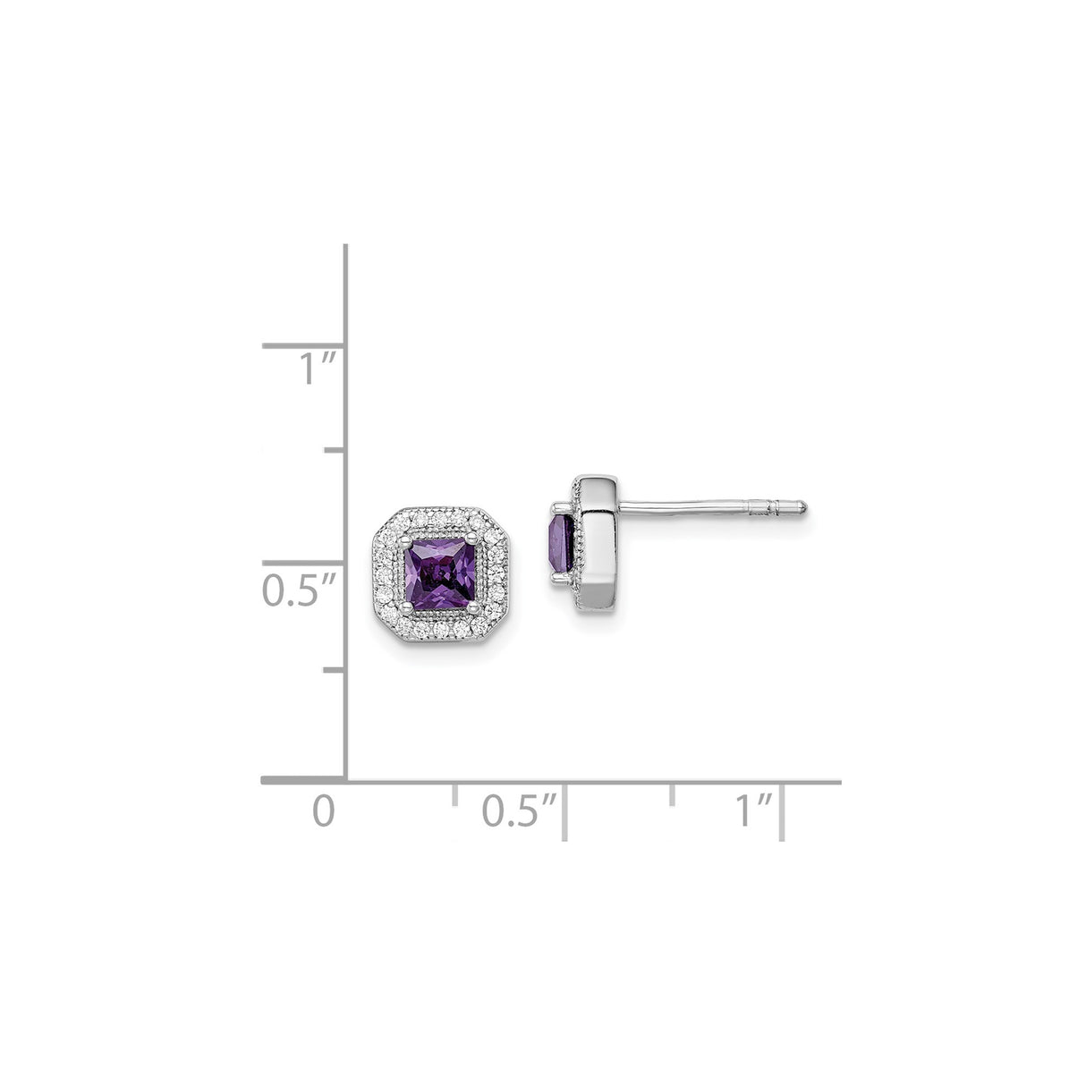 Sterling Silver Stud Earrings with Square Cut Amethyst and Cubic Zirconia Halo