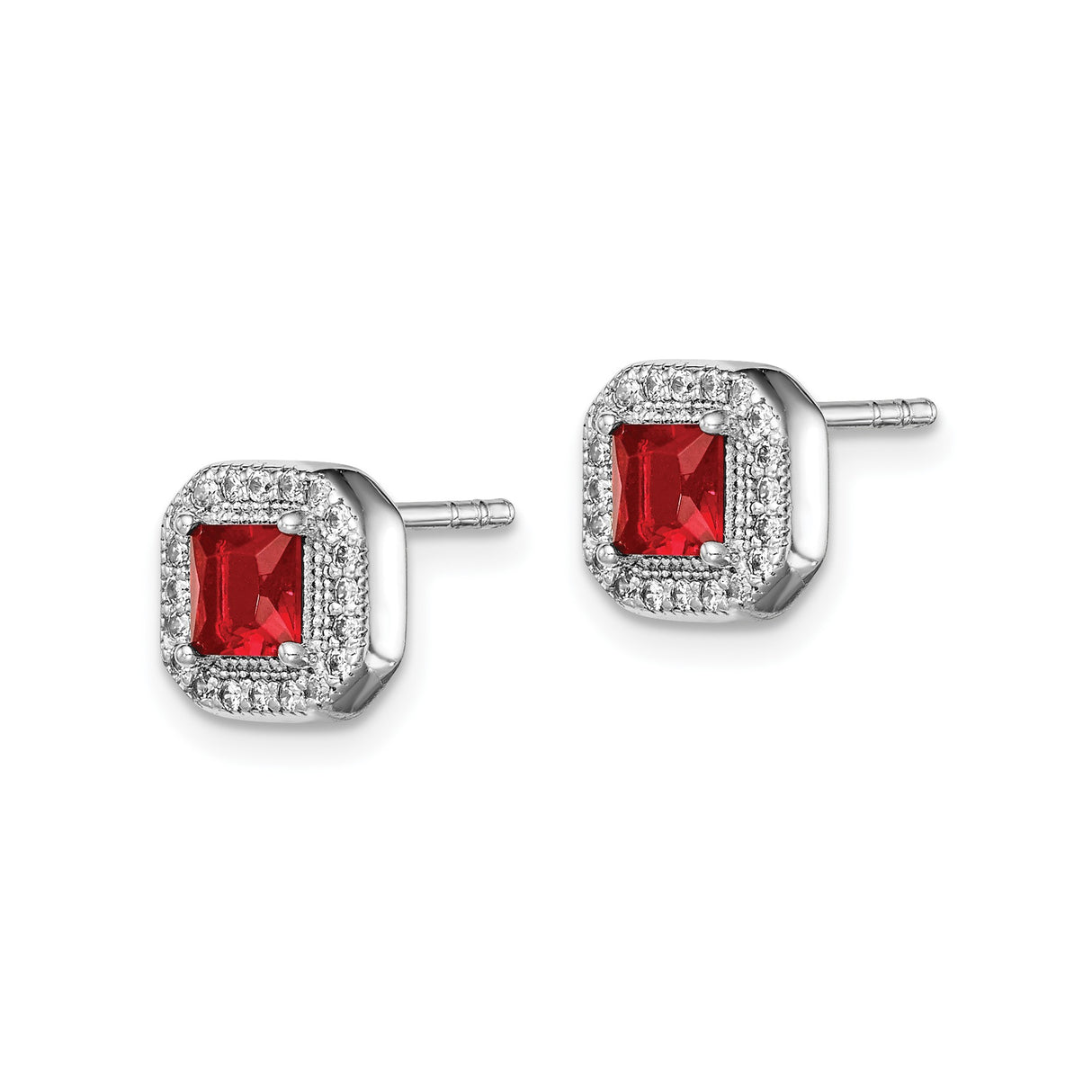 Sterling Silver Stud Earrings with Red Square Gemstone and Cubic Zirconia Halo