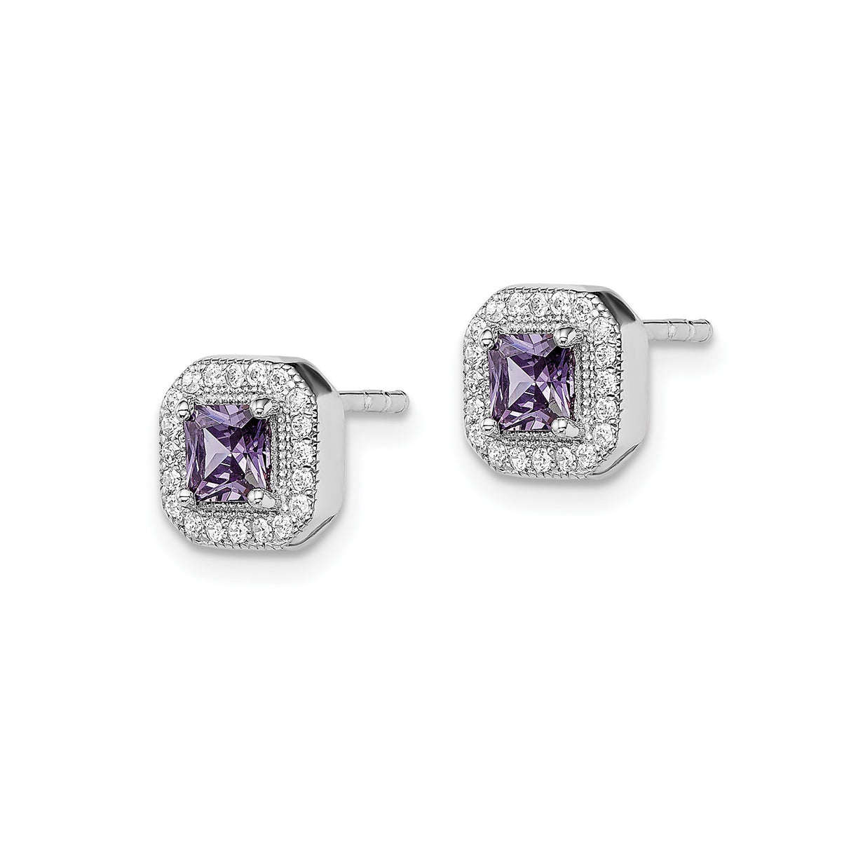 Sterling Silver Stud Earrings with Square Cut Purple Cubic Zirconia and Halo Setting