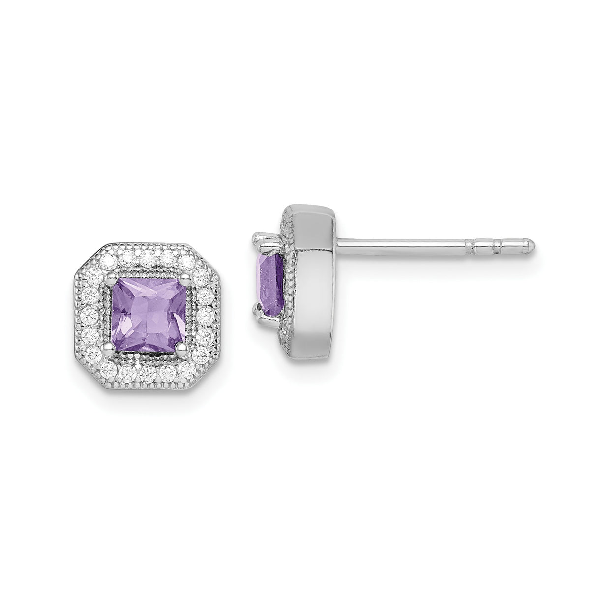 Sterling Silver Stud Earrings with Square Cut Purple Cubic Zirconia and Halo Setting