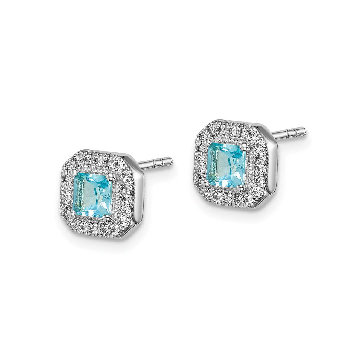 Sterling Silver Stud Earrings with Square Blue Gemstone and Halo Cubic Zirconia