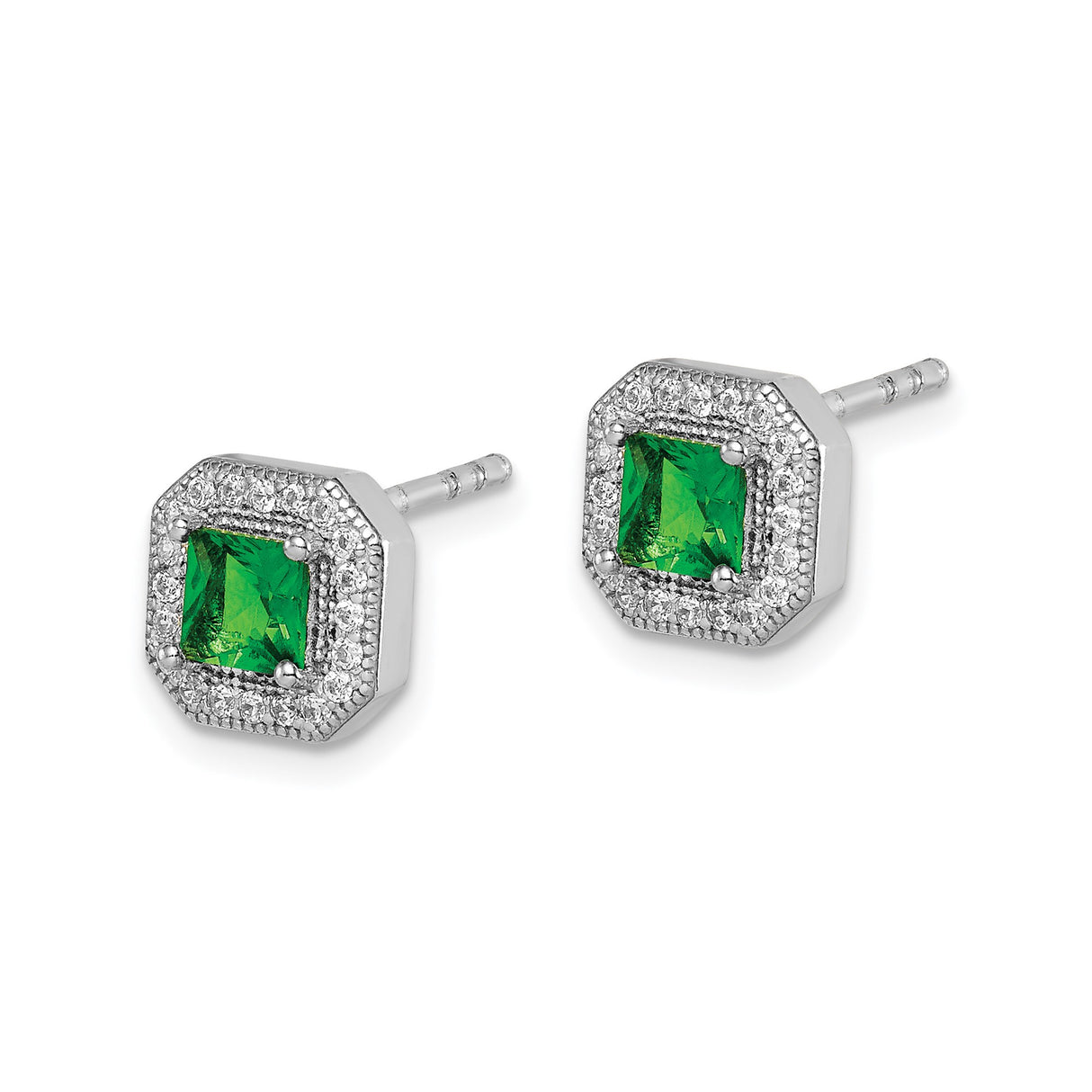 Sterling Silver Stud Earrings with Square Green Gemstone and Halo Cubic Zirconia Setting