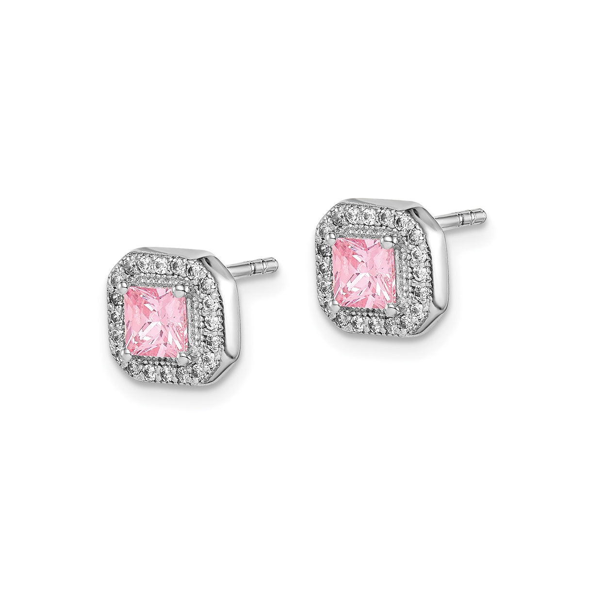 Sterling Silver Stud Earrings with Square Pink Cubic Zirconia and Halo Clear Stones