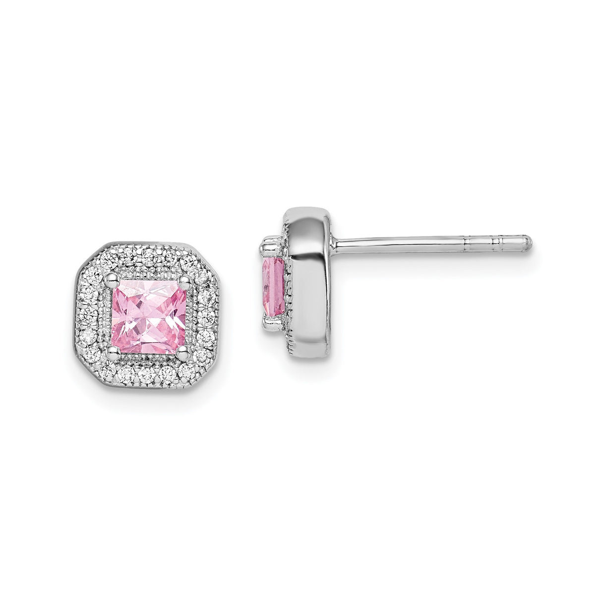 Sterling Silver Stud Earrings with Square Pink Cubic Zirconia and Halo Clear Stones