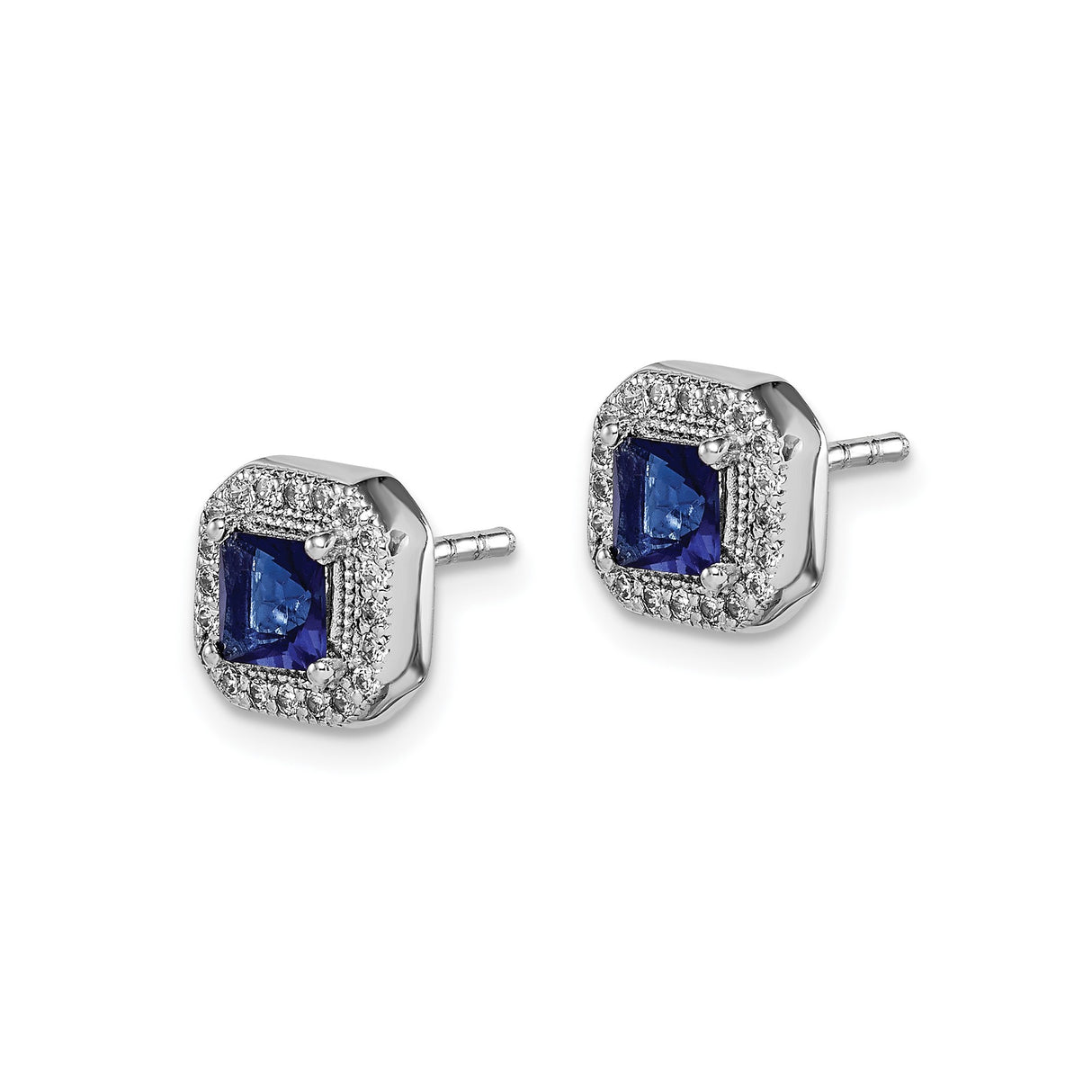 Sterling Silver Stud Earrings with Square Cut Blue Cubic Zirconia and Halo Accents