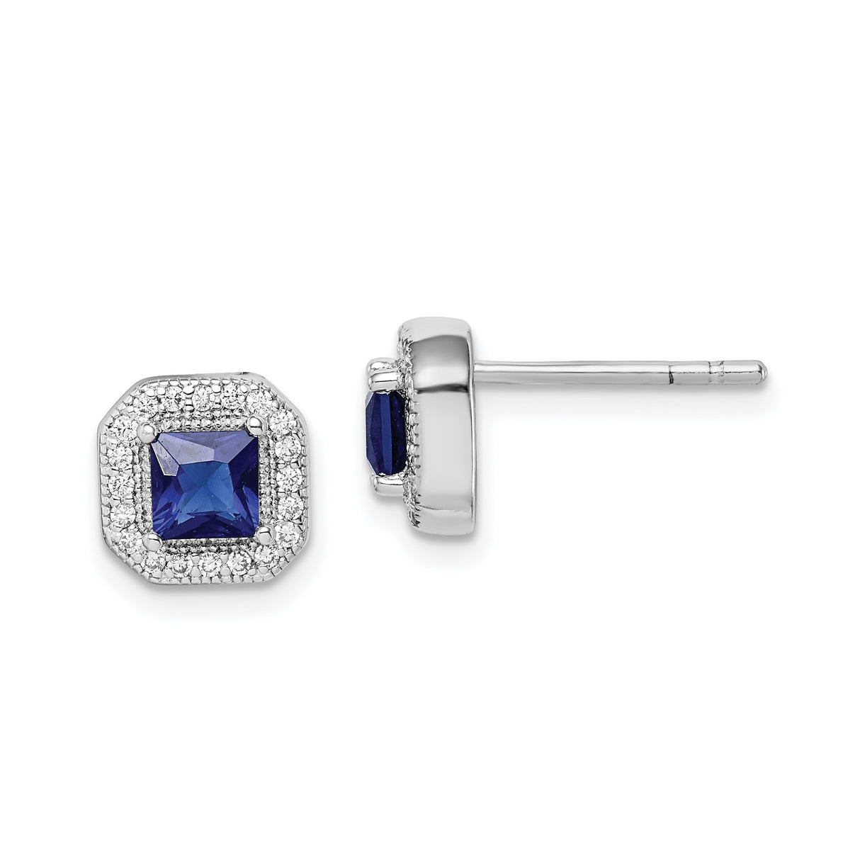 Sterling Silver Stud Earrings with Square Cut Blue Cubic Zirconia and Halo Accents