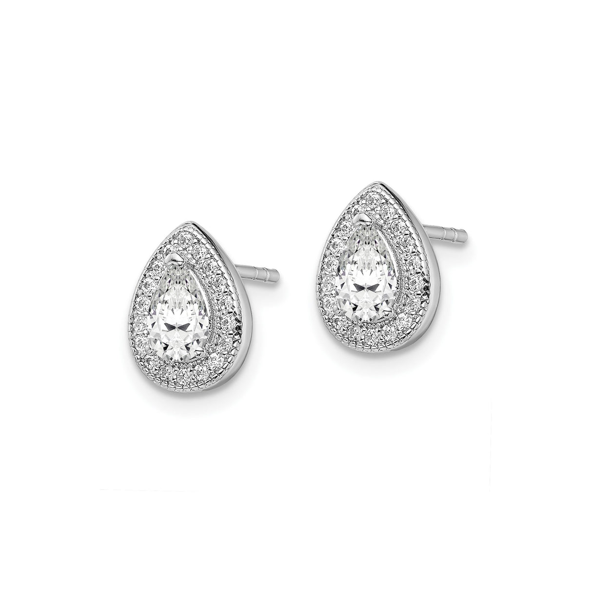 Sterling Silver Teardrop Stud Earrings with Pear Cubic Zirconia and Halo Accents