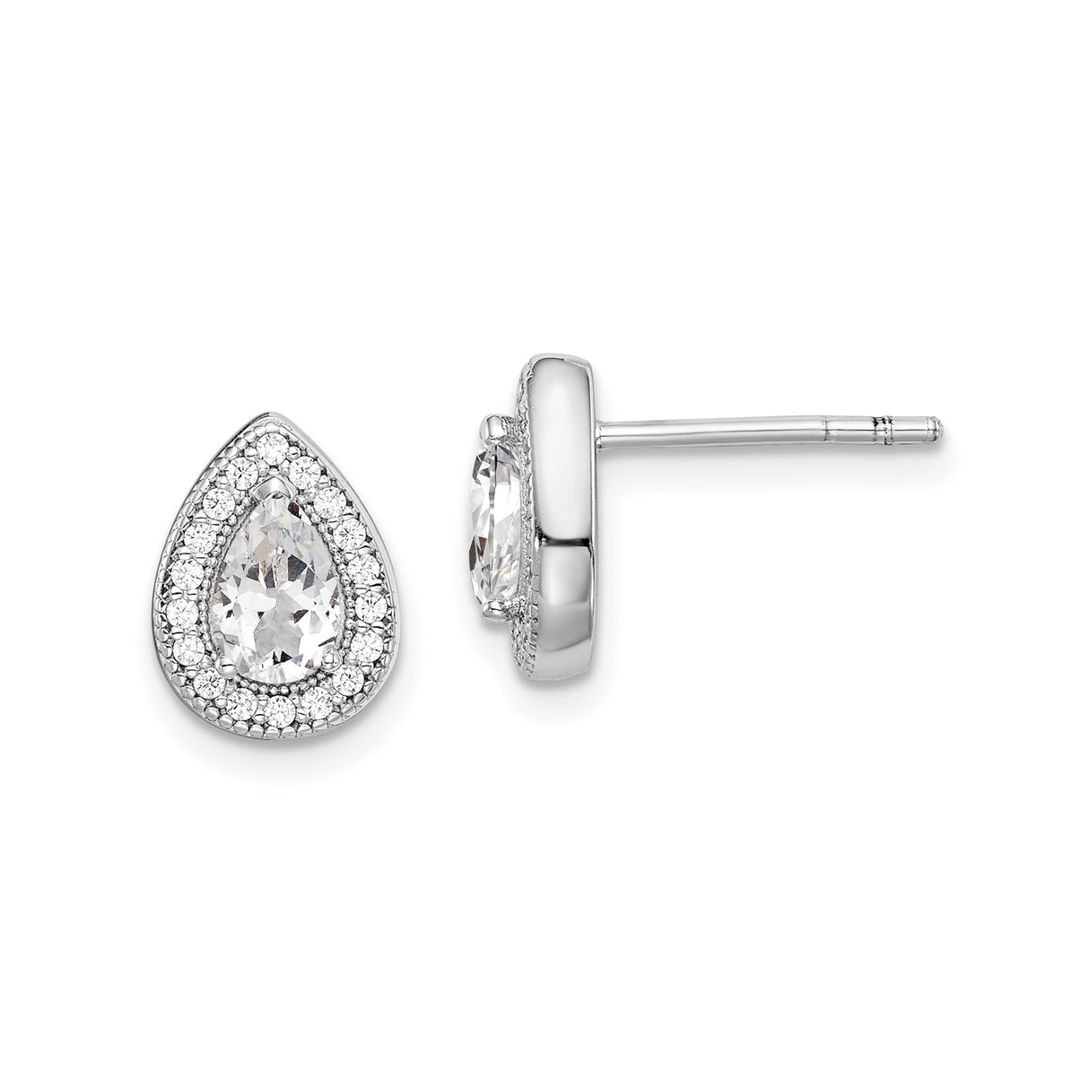 Sterling Silver Teardrop Stud Earrings with Pear Cubic Zirconia and Halo Accents