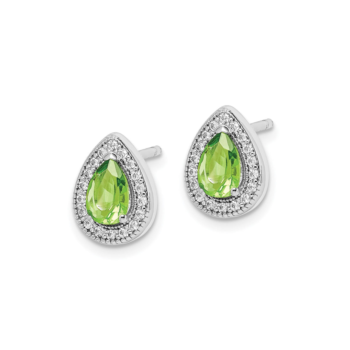 Sterling Silver Teardrop Stud Earrings with Green Peridot and Cubic Zirconia Halo