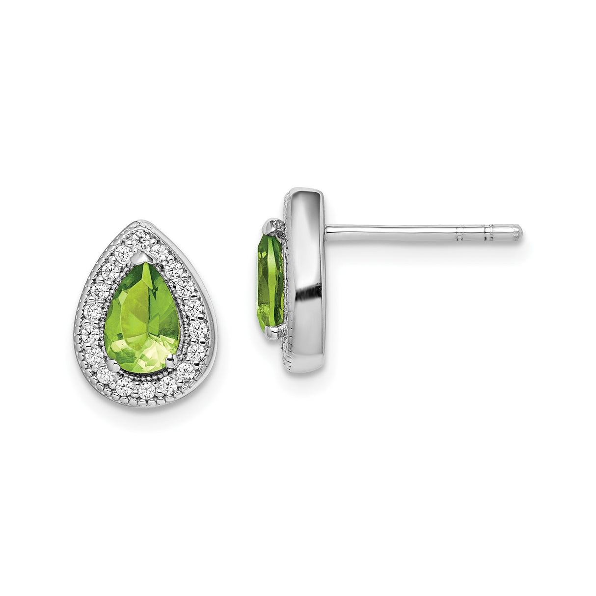 Sterling Silver Teardrop Stud Earrings with Green Peridot and Cubic Zirconia Halo