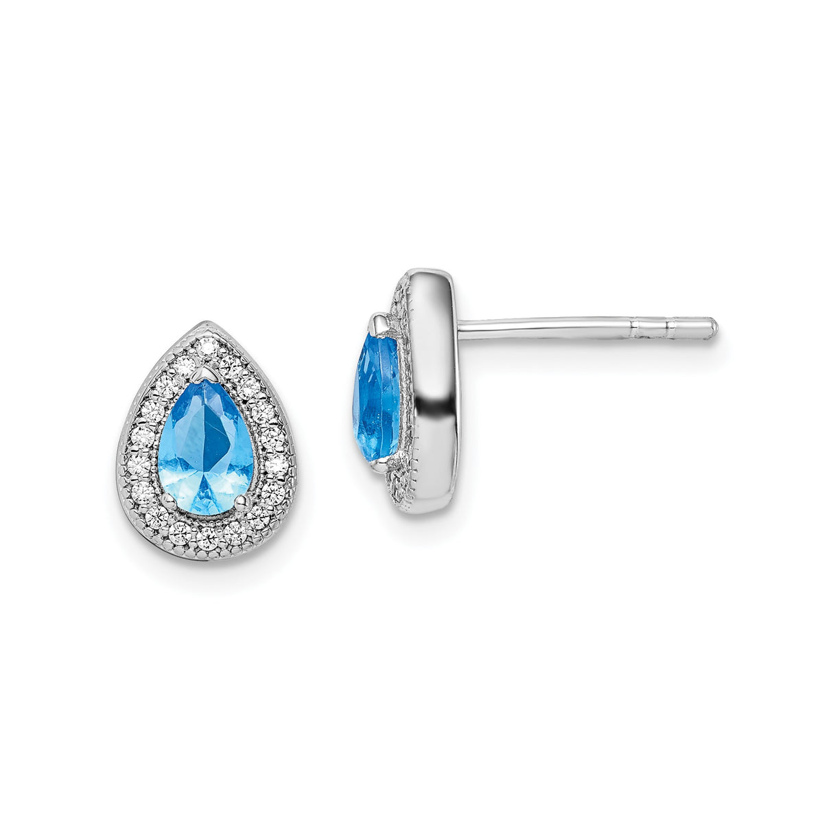 Sterling Silver Teardrop Stud Earrings with Blue Gemstone and Cubic Zirconia Halo