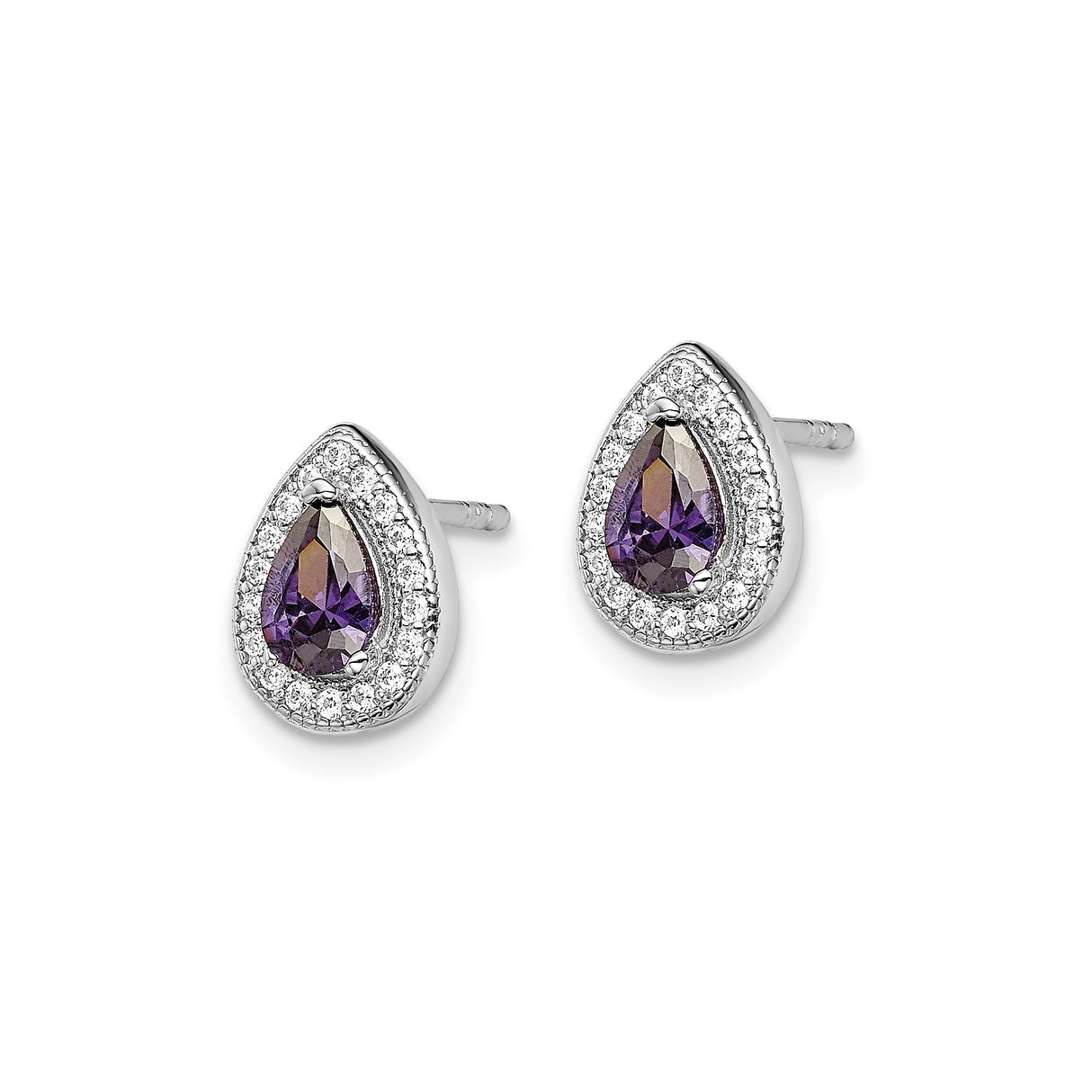 Sterling Silver Teardrop Stud Earrings with Purple Cubic Zirconia and Halo Design