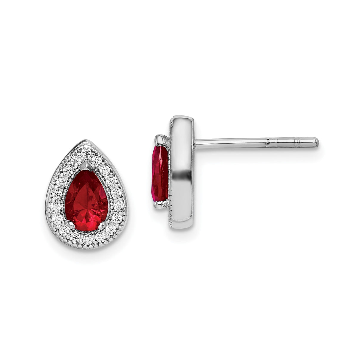Sterling Silver Teardrop Stud Earrings with Red Cubic Zirconia and Halo Design