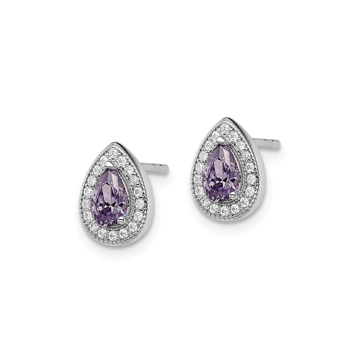 Sterling Silver Teardrop Stud Earrings with Amethyst and Cubic Zirconia Halo