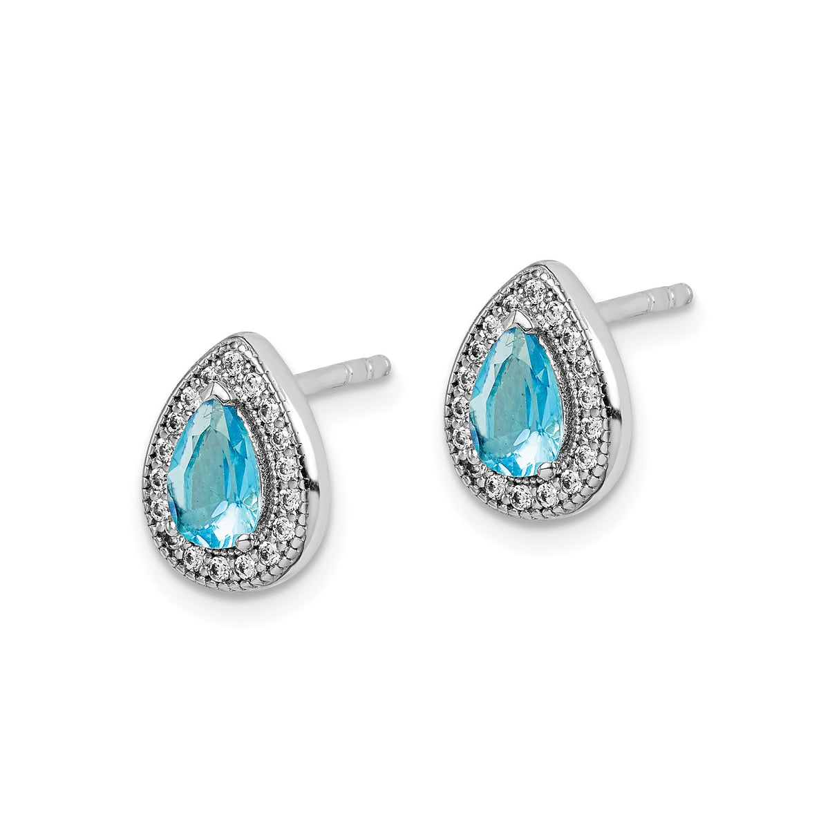 Sterling Silver Teardrop Stud Earrings with Blue Cubic Zirconia and Halo Setting