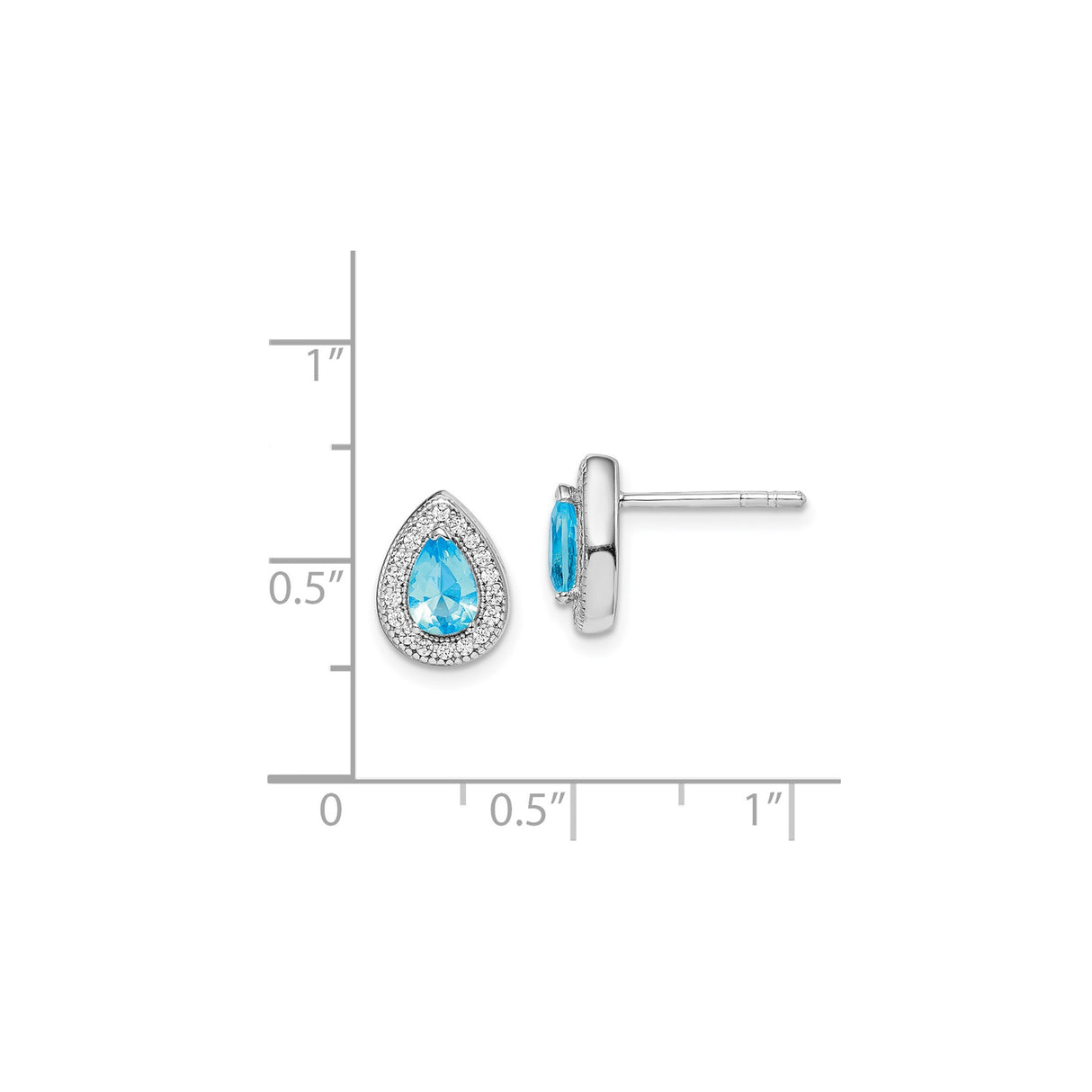 Sterling Silver Teardrop Stud Earrings with Blue Cubic Zirconia and Halo Setting