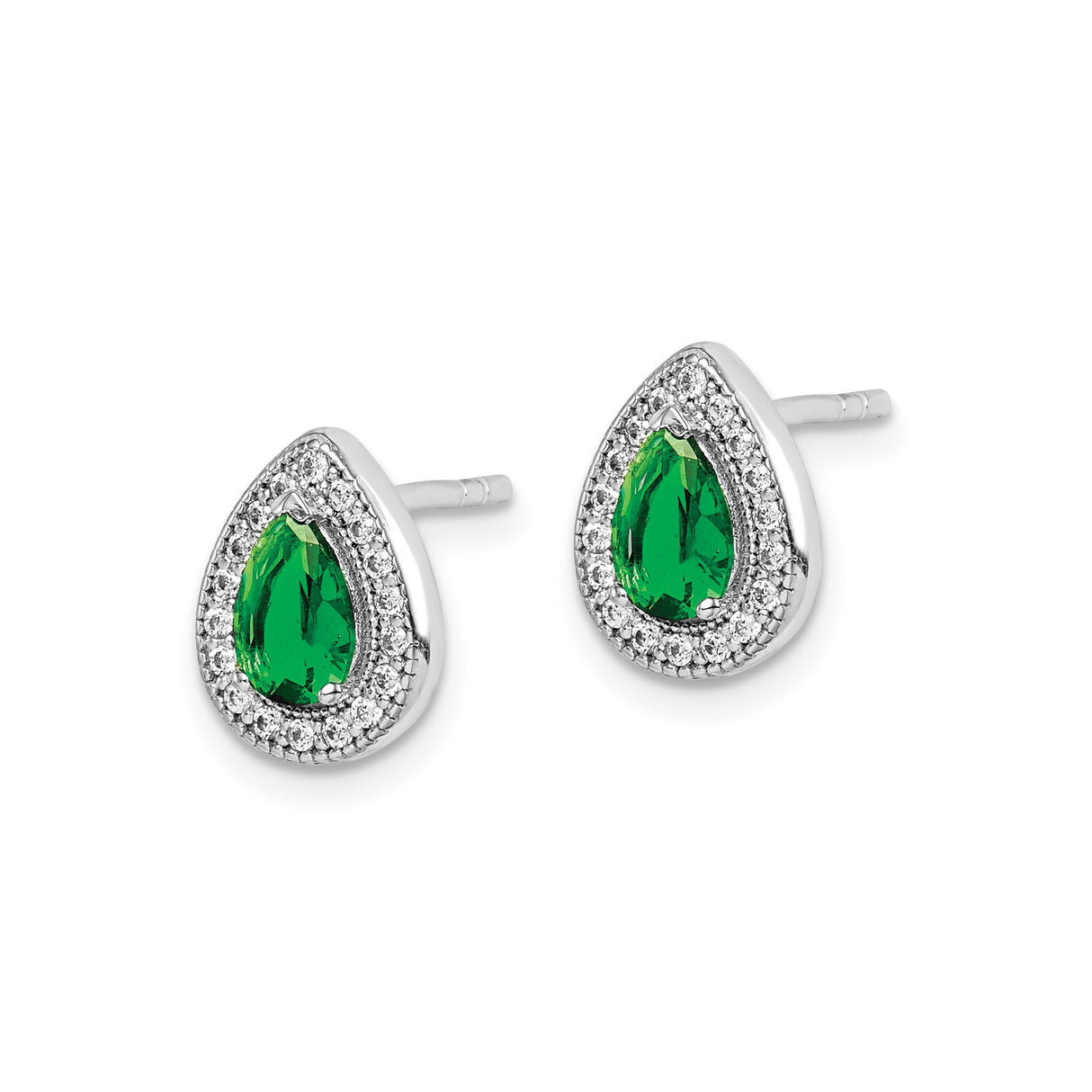Sterling Silver Teardrop Stud Earrings with Pear-Shaped Green Cubic Zirconia and Halo