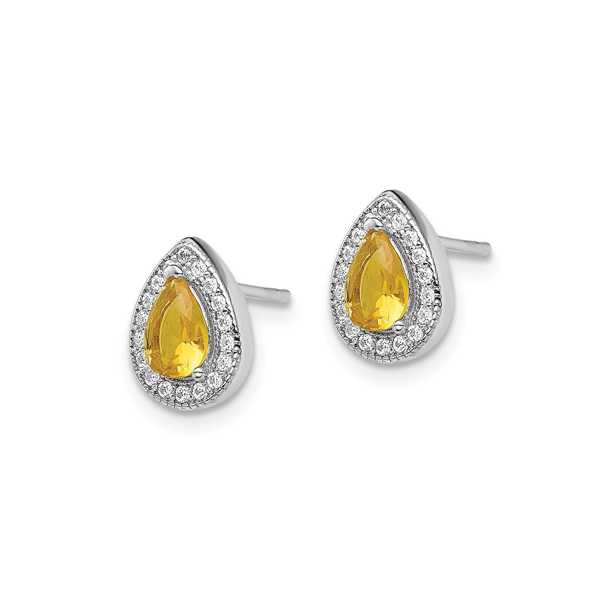 Sterling Silver Teardrop Stud Earrings with Yellow Cubic Zirconia Center and Halo Design