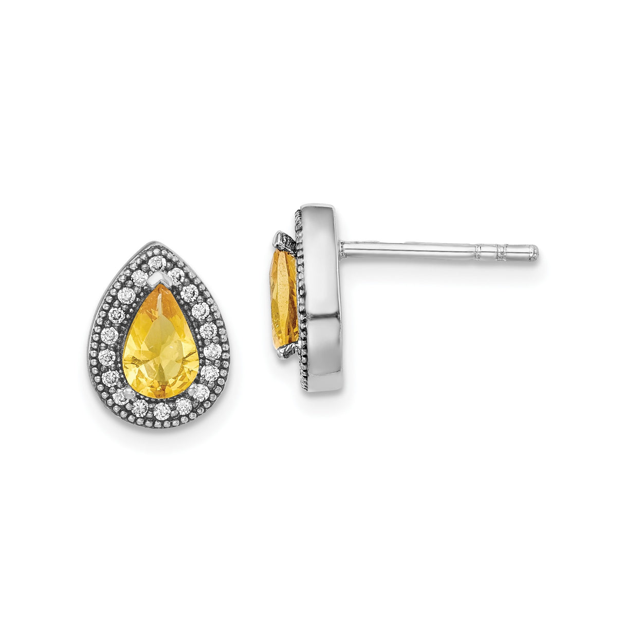 Sterling Silver Teardrop Stud Earrings with Yellow Cubic Zirconia Center and Halo Design