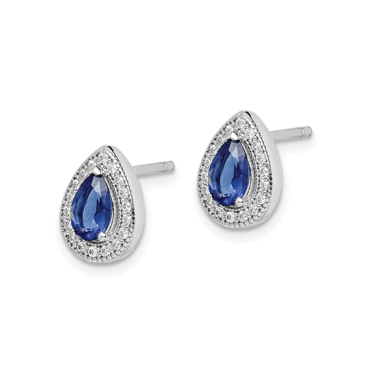 Sterling Silver Teardrop Stud Earrings with Deep Blue Gemstone and Cubic Zirconia Halo