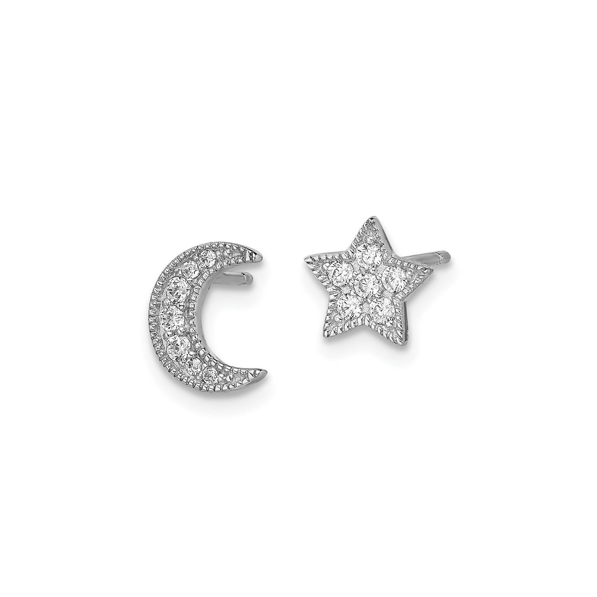 Sterling Silver Celestial Stud Earrings with Cubic Zirconia, Mismatched Moon and Star Design