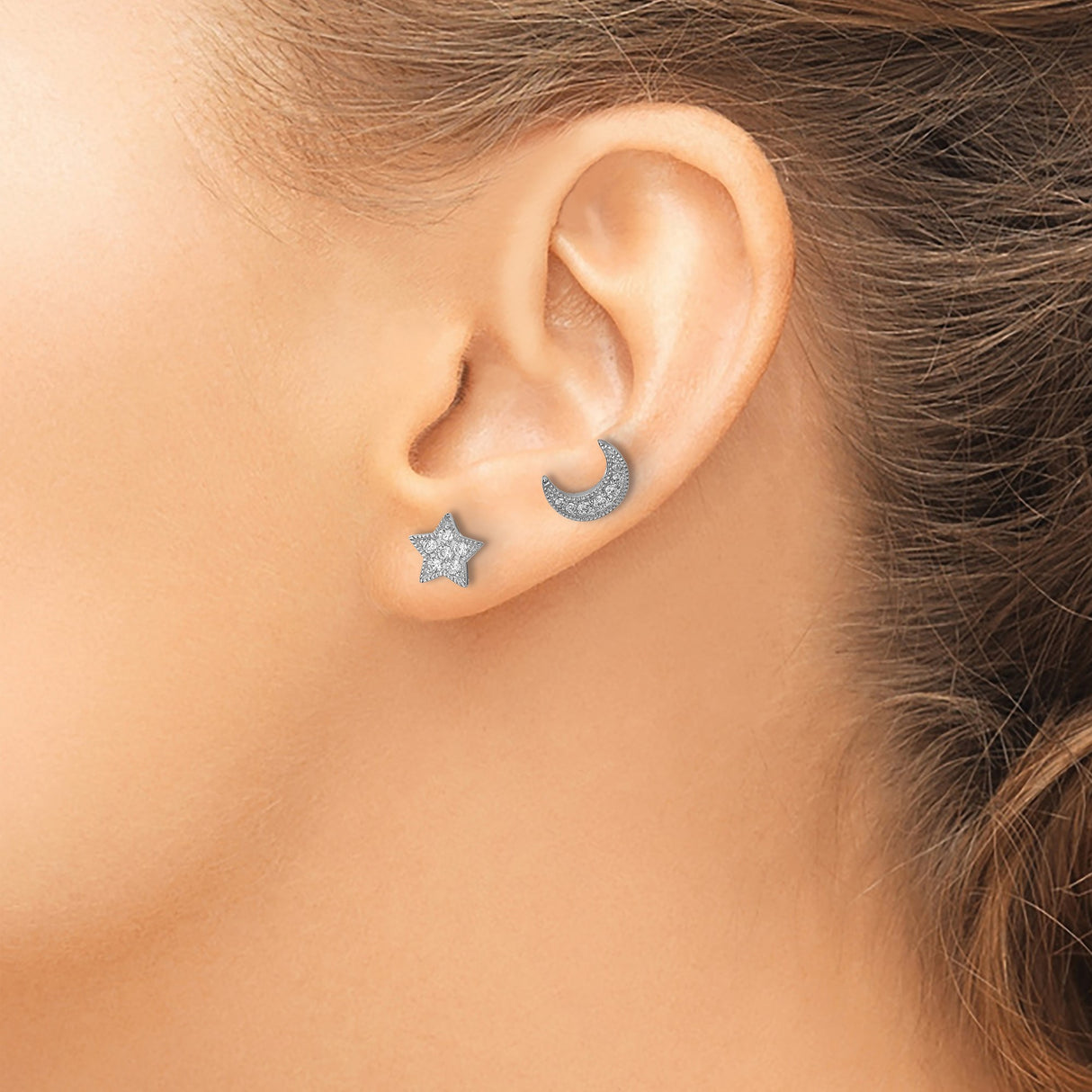 Sterling Silver Celestial Stud Earrings with Cubic Zirconia, Mismatched Moon and Star Design