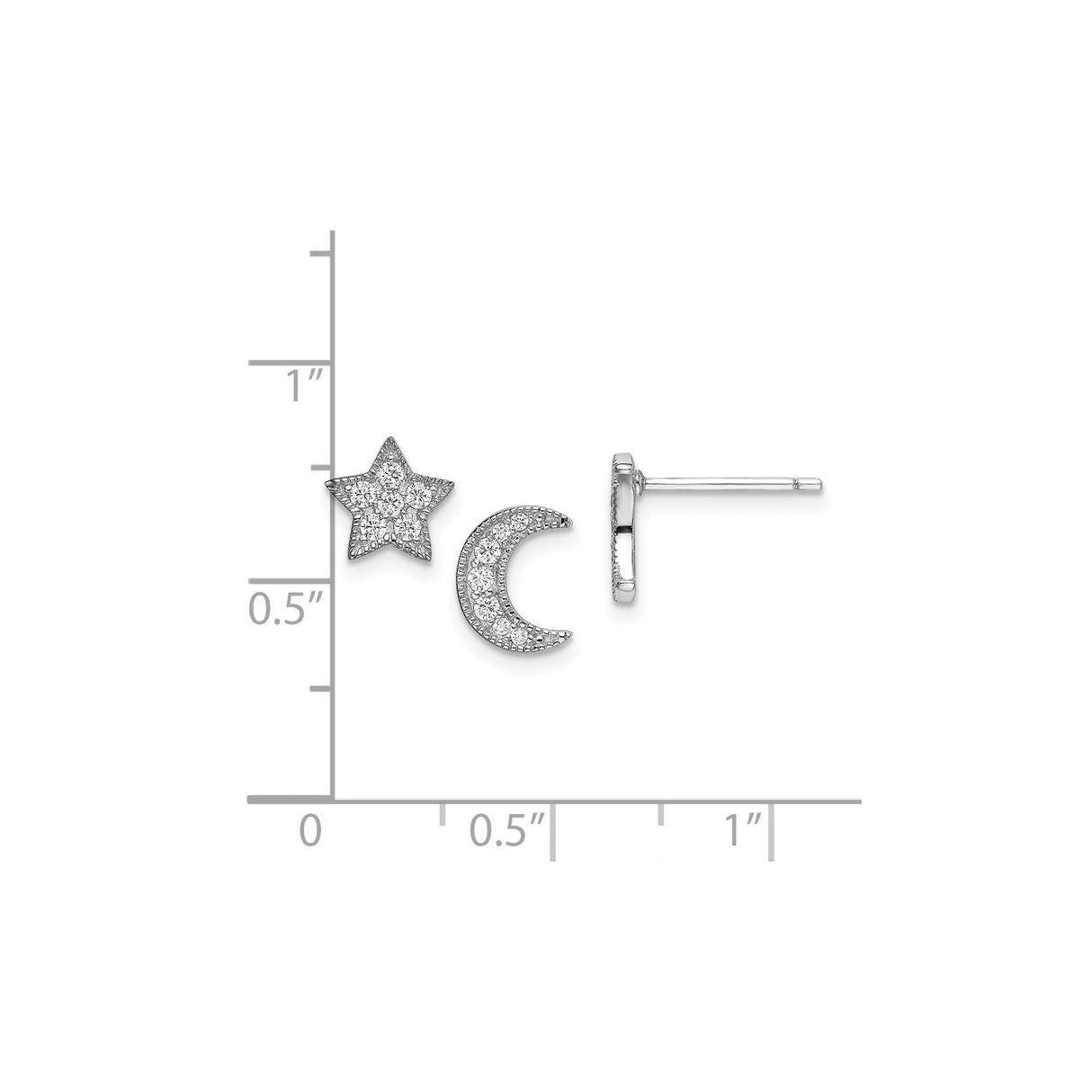Sterling Silver Celestial Stud Earrings with Cubic Zirconia, Mismatched Moon and Star Design