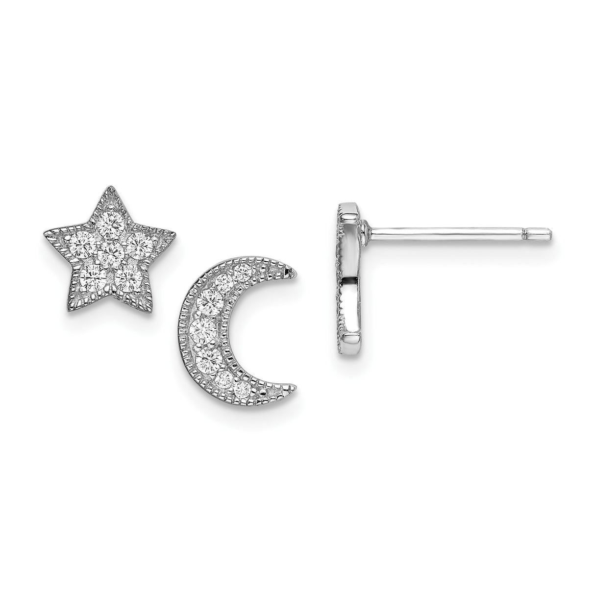 Sterling Silver Celestial Stud Earrings with Cubic Zirconia, Mismatched Moon and Star Design