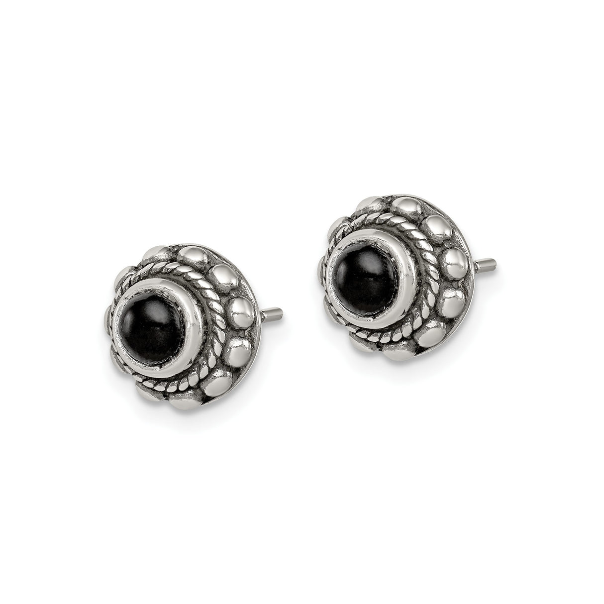 Sterling Silver Stud Earrings with Black Onyx, Beaded Rope Detail, Balinese Boho Style