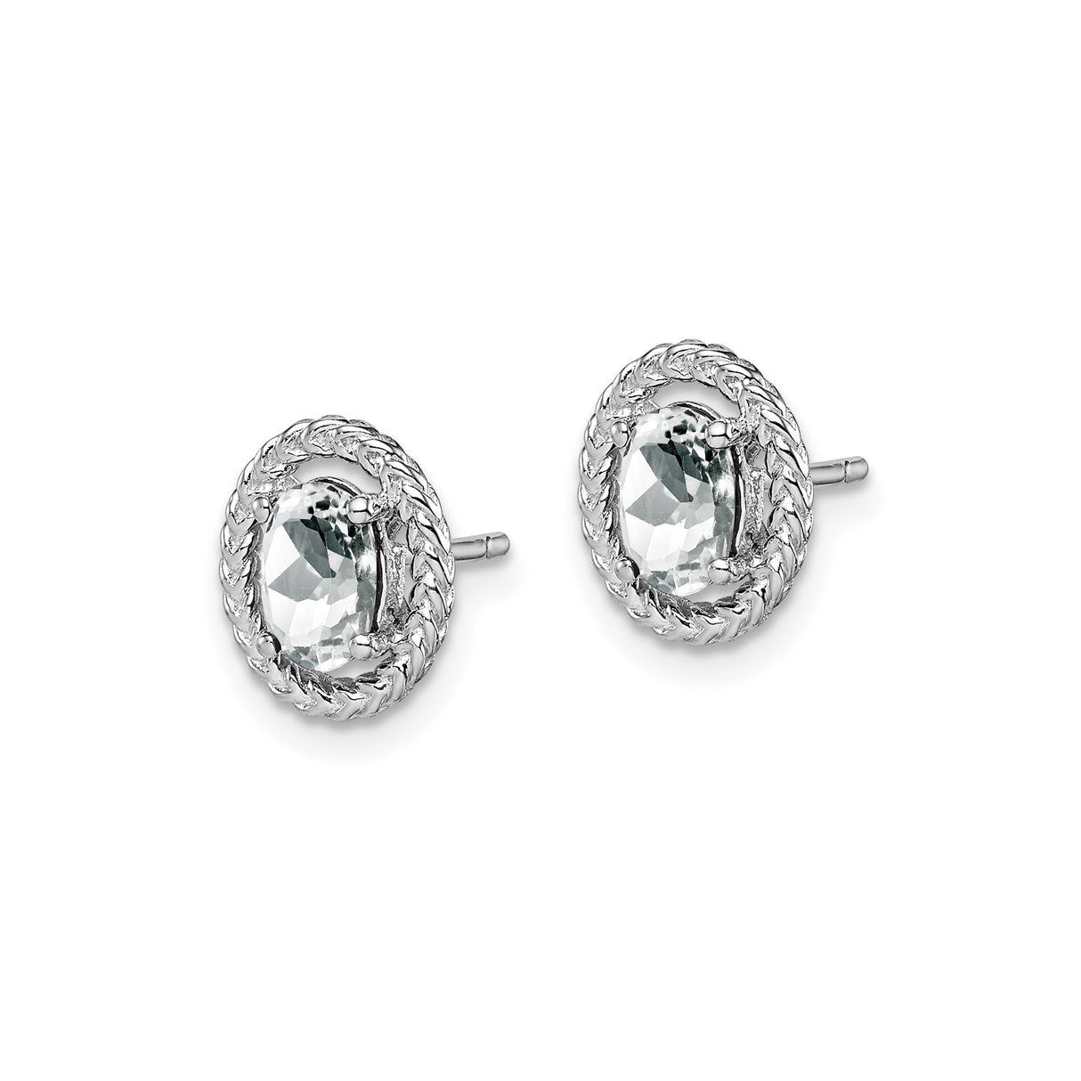 Sterling Silver Oval Stud Earrings with White Topaz in Rope Bezel Setting