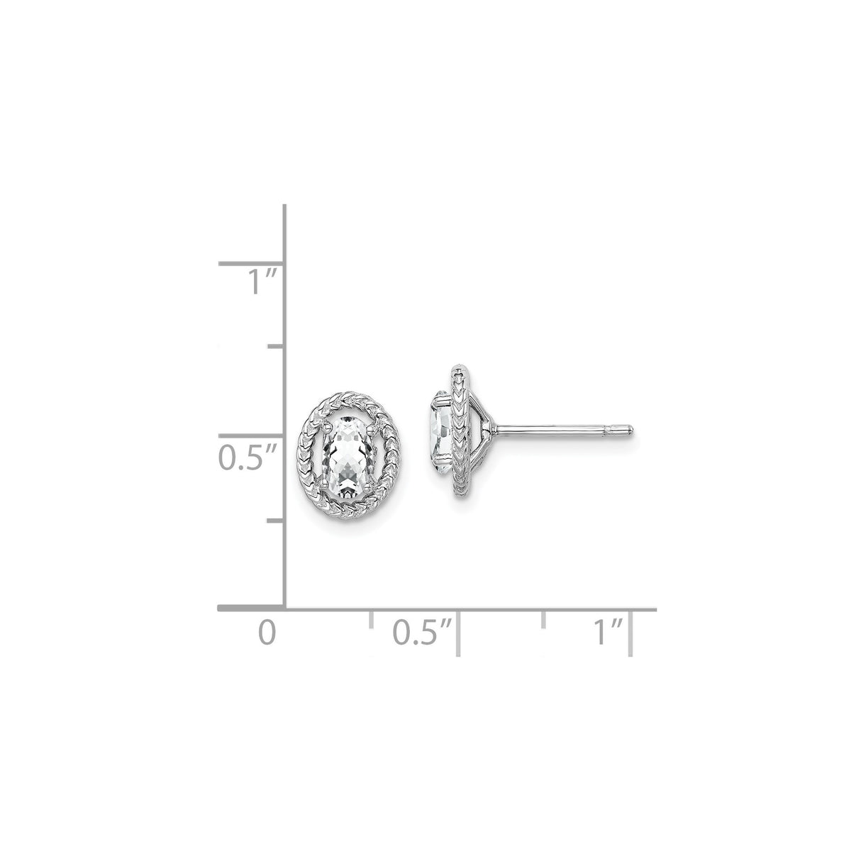 Sterling Silver Oval Stud Earrings with White Topaz in Rope Bezel Setting