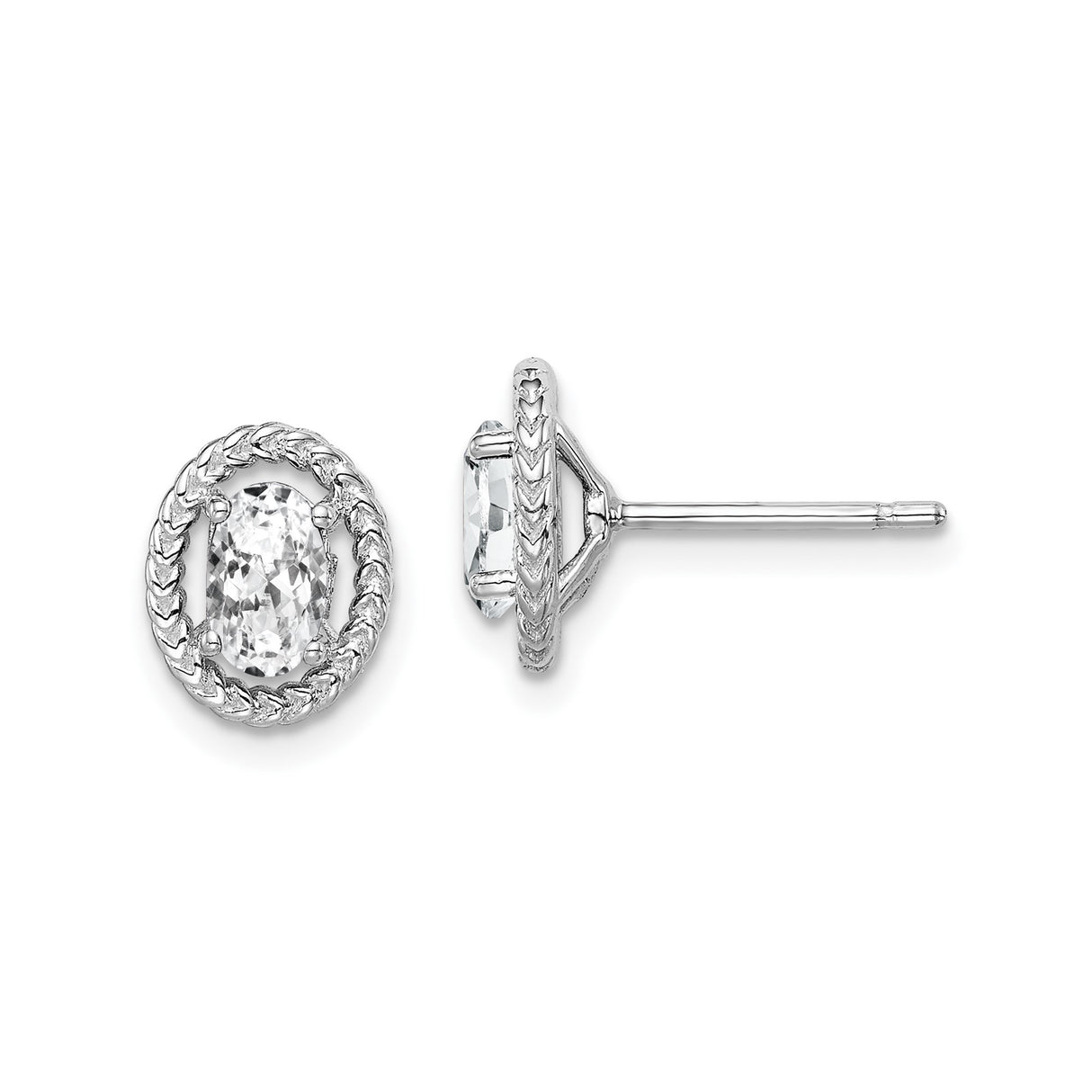Sterling Silver Oval Stud Earrings with White Topaz in Rope Bezel Setting