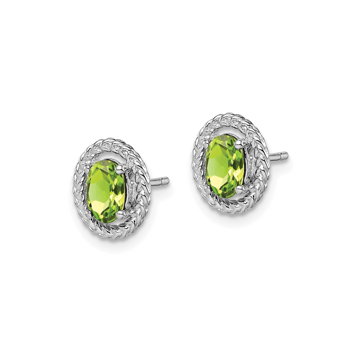 Sterling Silver Stud Earrings with Oval Faceted Peridot and Braided Rope Border