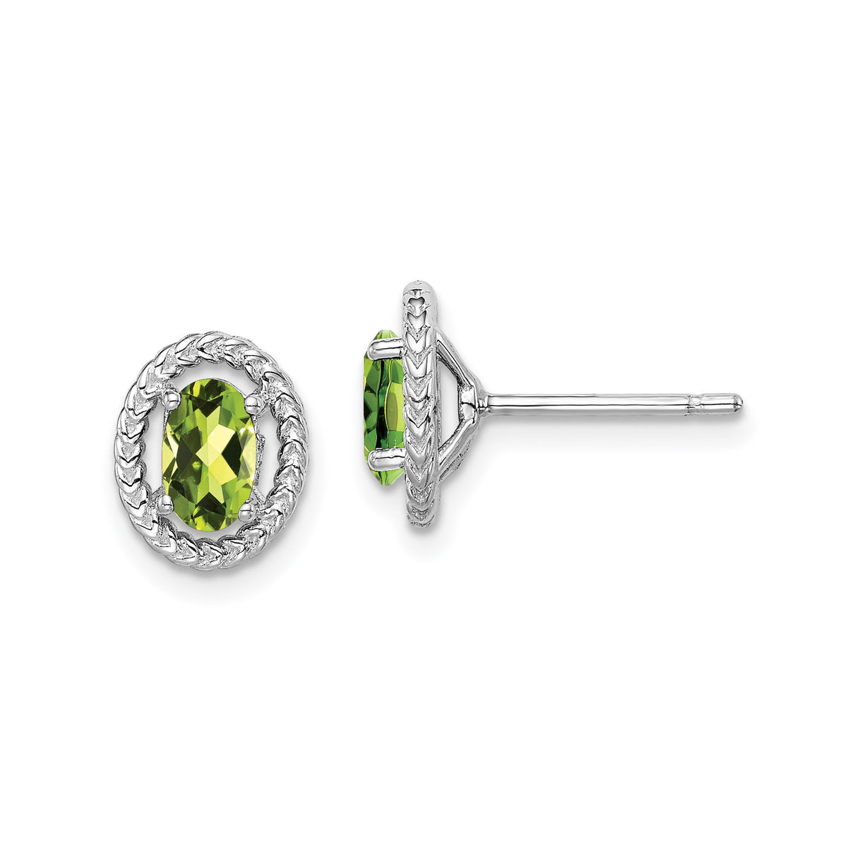 Sterling Silver Stud Earrings with Oval Faceted Peridot and Braided Rope Border