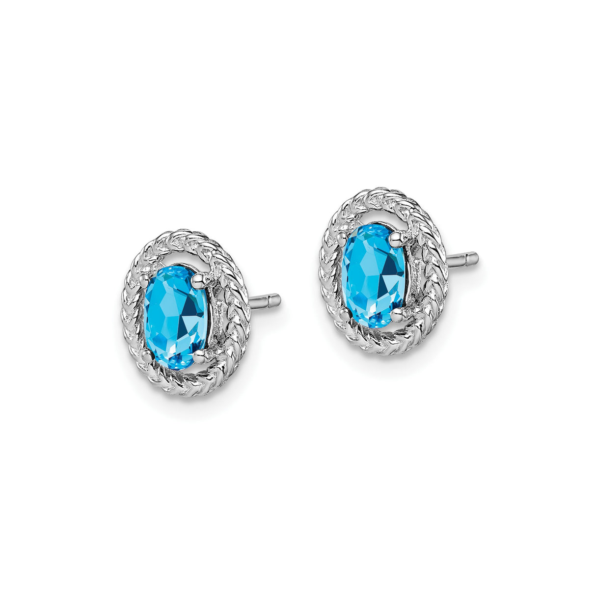 Sterling Silver Oval Stud Earrings with Swiss Blue Topaz in Braided Rope Bezel Setting