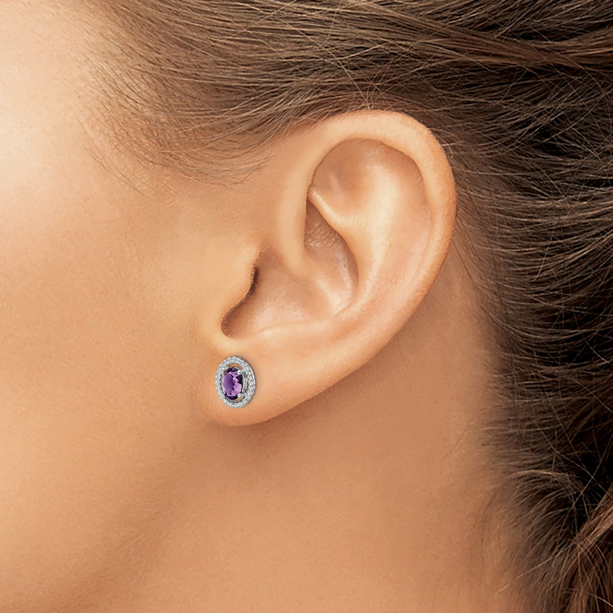 Sterling Silver Stud Earrings with Oval Cut Amethyst in Braided Frame