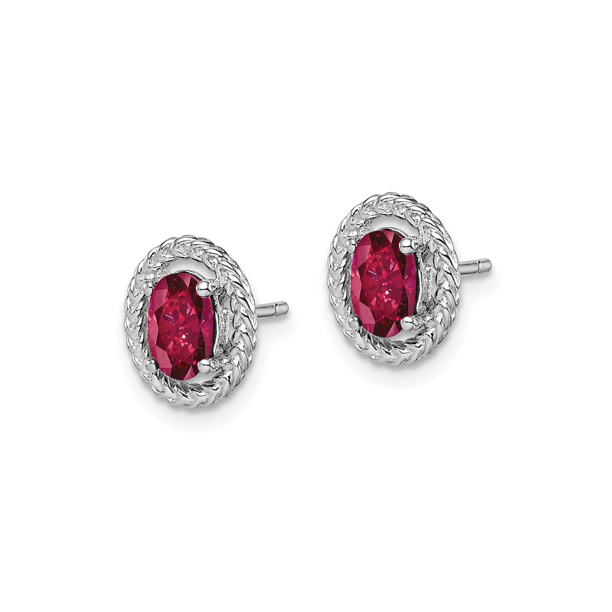 Sterling Silver Stud Earrings with Created Ruby, Oval Shape, Braided Rope Design