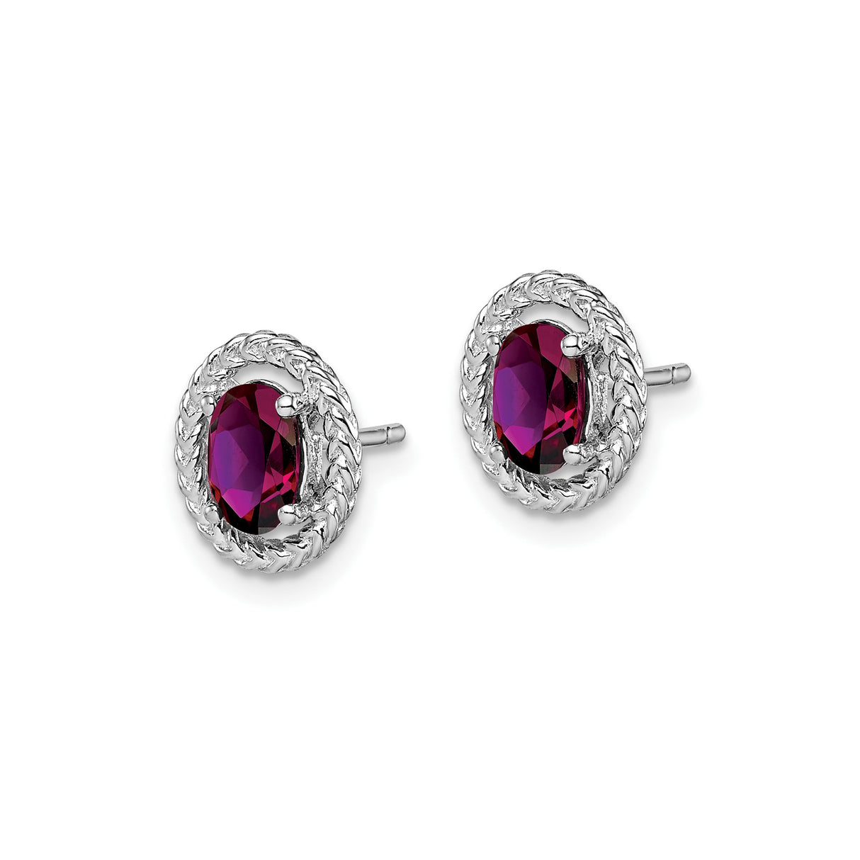Sterling Silver Oval Stud Earrings with Rhodolite Garnet and Braided Rope Border