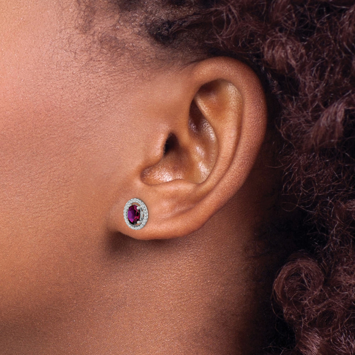 Sterling Silver Oval Stud Earrings with Rhodolite Garnet and Braided Rope Border