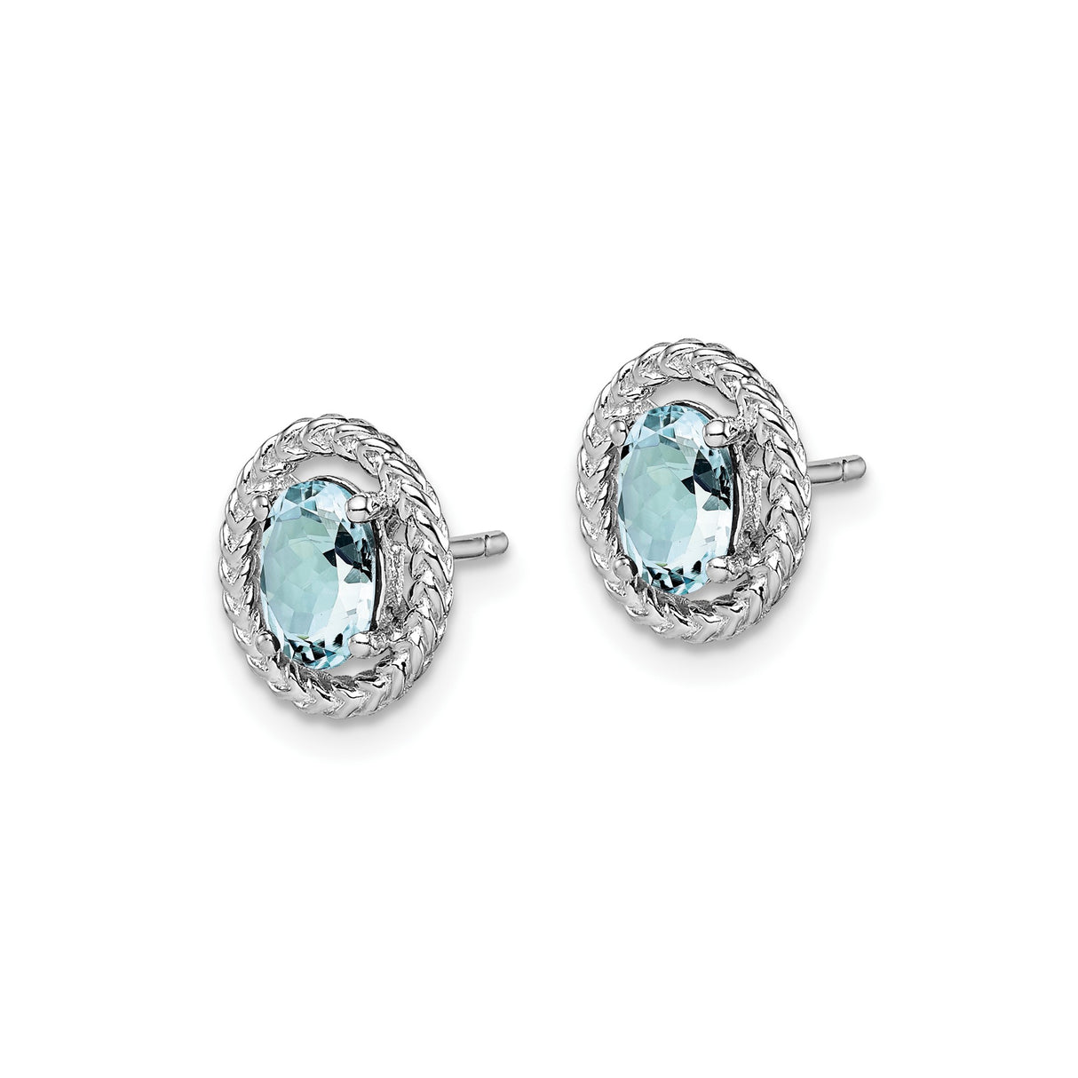 Sterling Silver Oval Stud Earrings with Aquamarine and Braided Border for Women