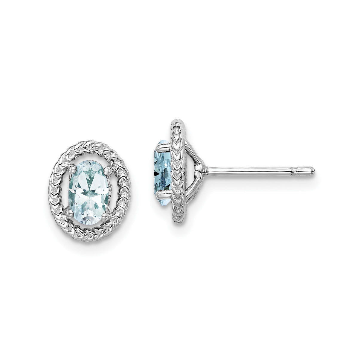 Sterling Silver Oval Stud Earrings with Aquamarine and Braided Border for Women