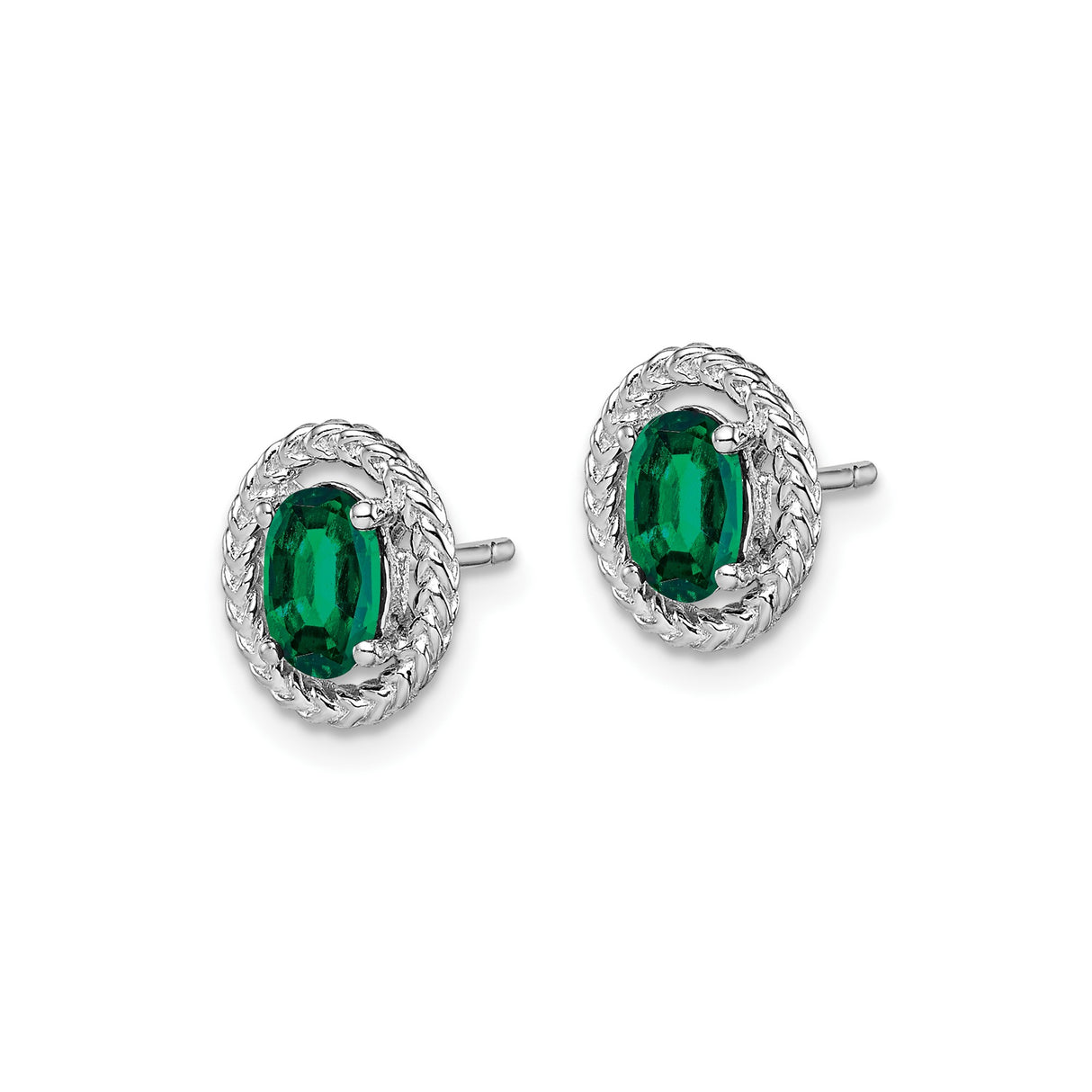 Sterling Silver Stud Earrings with Created Emerald, Braided Oval Frame, Vintage Inspired Design
