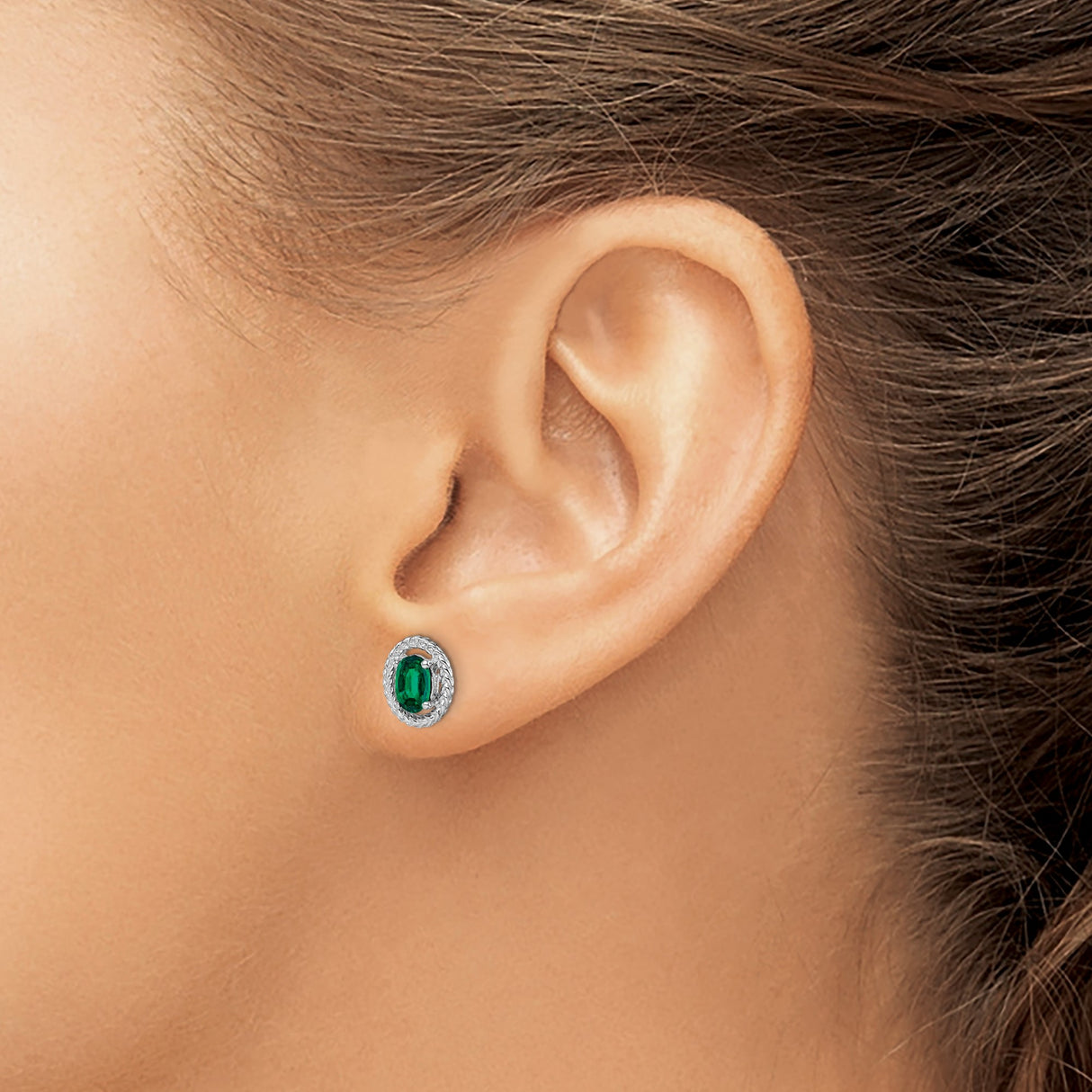 Sterling Silver Stud Earrings with Created Emerald, Braided Oval Frame, Vintage Inspired Design