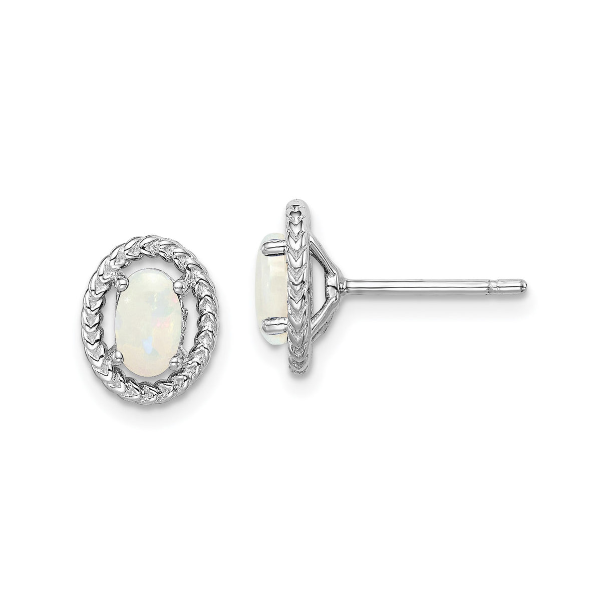Sterling Silver Oval Stud Earrings with White Opal in Braided Rope Bezel Setting