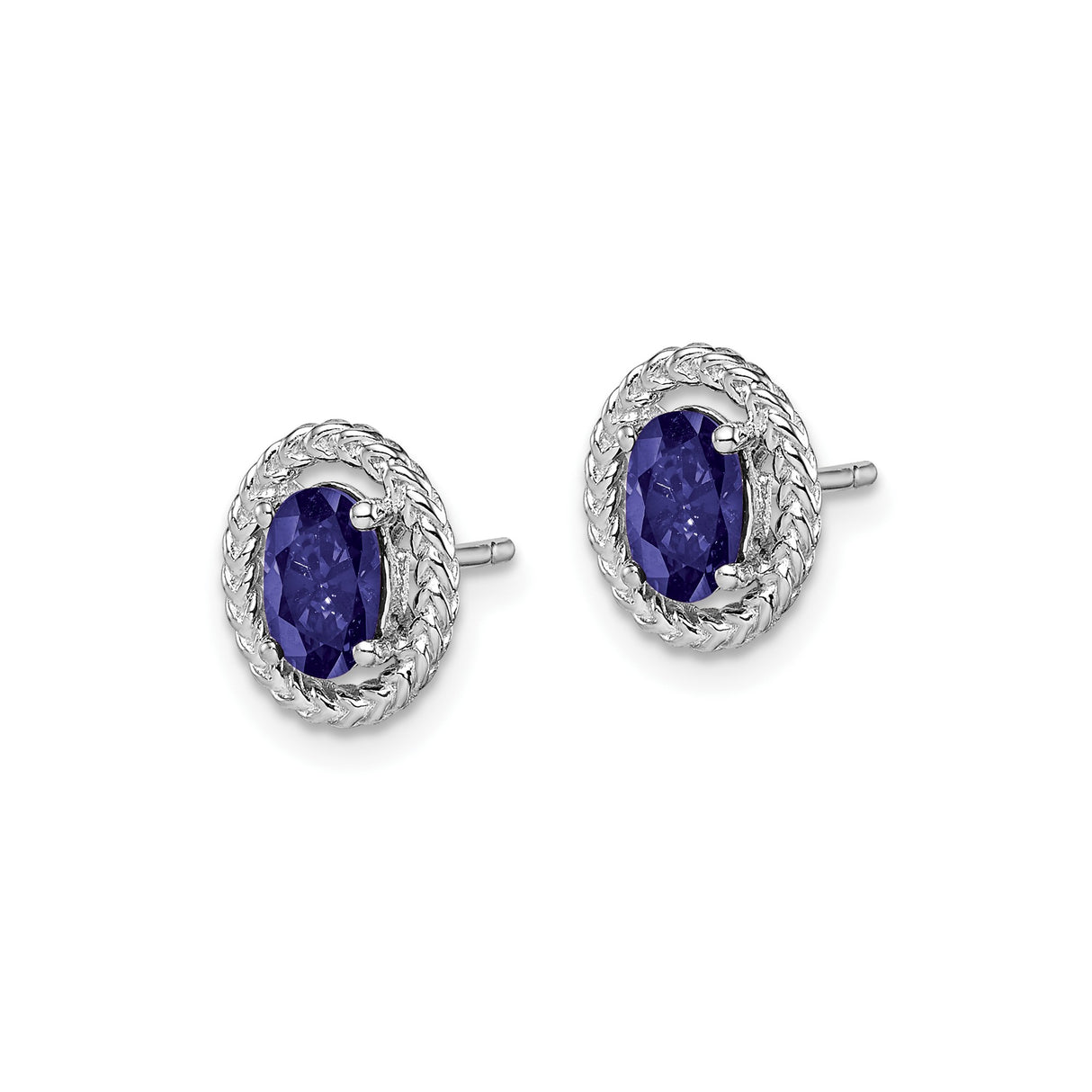 Sterling Silver Oval Stud Earrings with Created Sapphire and Rope Border