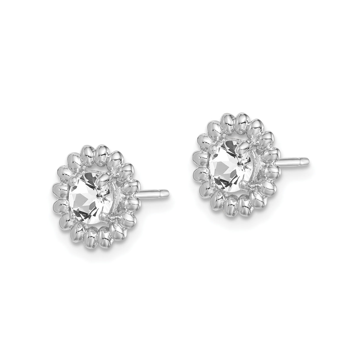 Sterling Silver Stud Earrings with Square White Topaz and Beaded Floral Halo Design